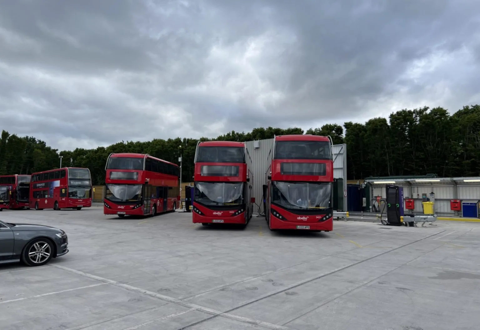 The new-build electric bus depot in Hayes, West London, showing the main depot building and the biodiverse roof on the driver welfare building.