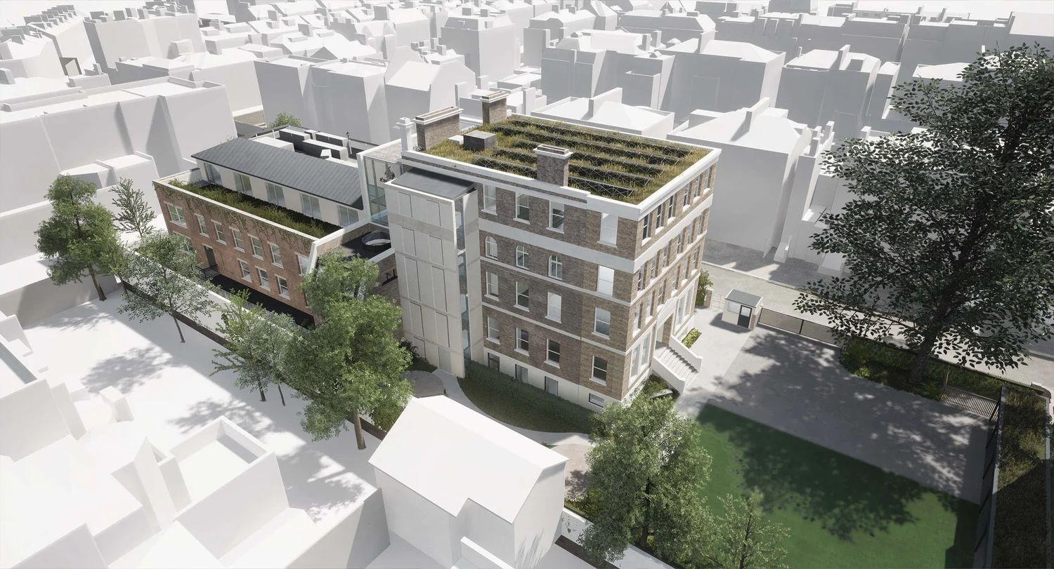 The Thomas’s Kensington school conversion, showing the new central atrium and the two historic buildings on either side.